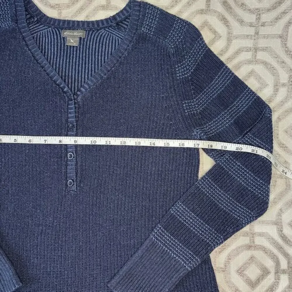 Eddie Bauer Button Front‎ Sweater Size M Blue Pullover Short Sleeve Cable Knit
